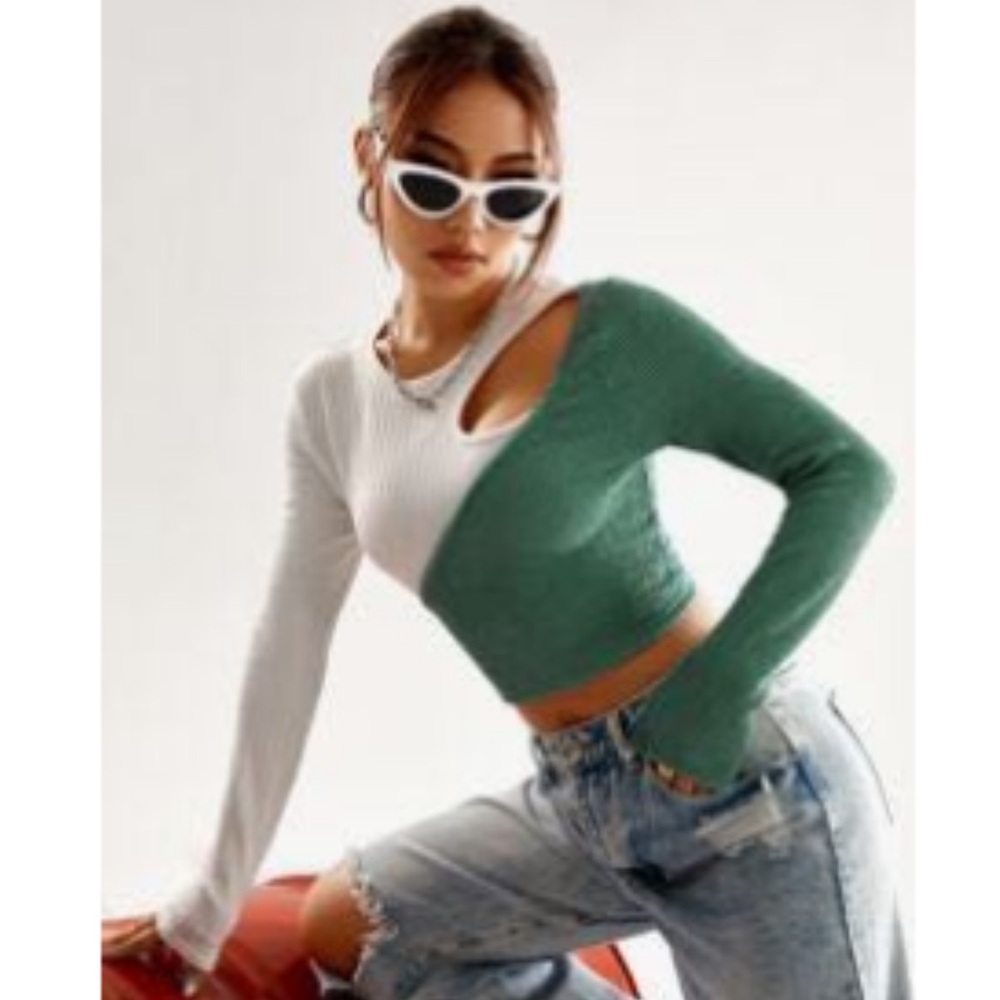 SHEIN White and Green Asymmetrical Crop Top